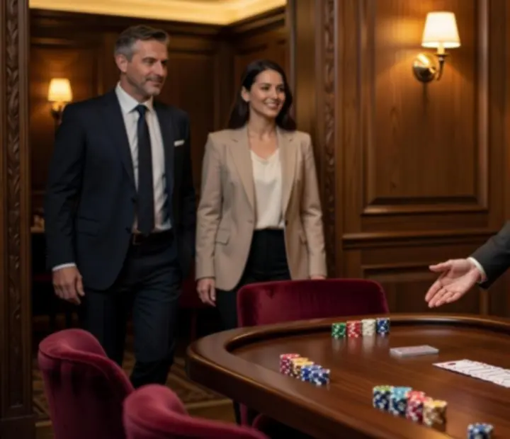 Stylowo ubrany gospodarz i dealer przy pokerowym stole