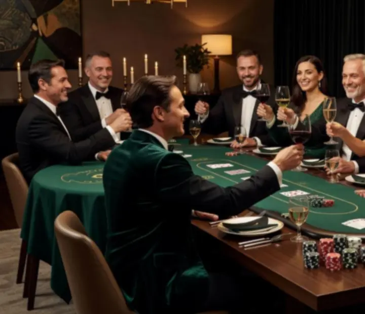Cinematiczne ujęcia eleganckiej kolacji, gości oraz stołów pokerowych w luksusowym wnętrzu