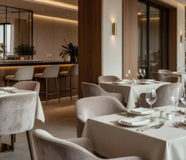 Luksusowe wnętrze restauracji z elegancko nakrytymi stołami