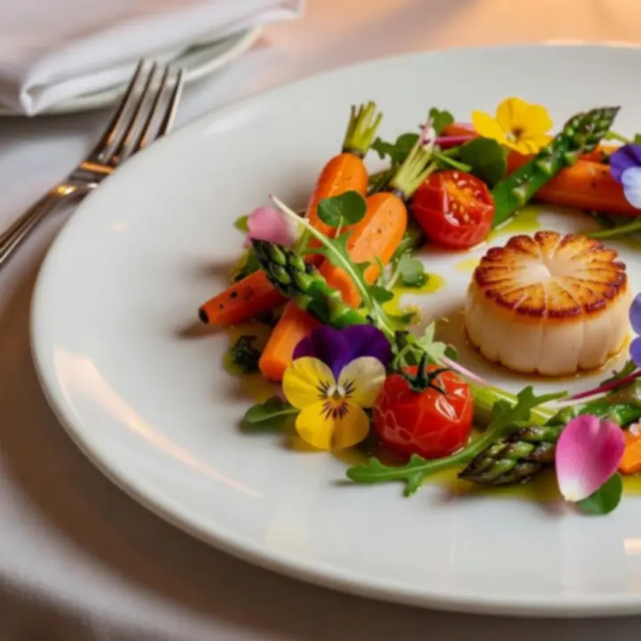 Artystycznie podane danie fine dining na eleganicznej zastawie