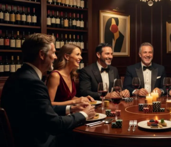 Cinematiczna scena kolacji z eleganckimi daniami i stołem pokerowym w tle