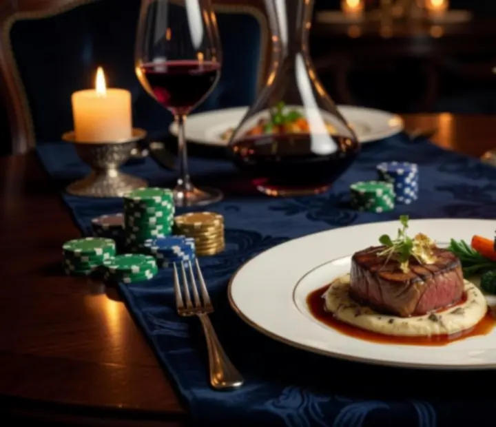 Artystycznie podane danie gourmet obok symbolicznych żetonów pokerowych