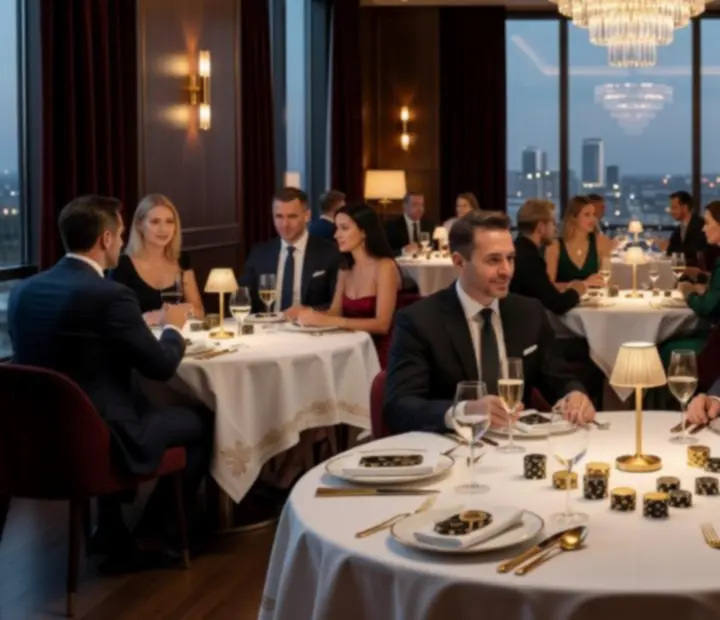 Elegancka restauracja z nastrojowym oświetleniem i stołem pokerowym przygotowanym na rekreacyjny wieczór