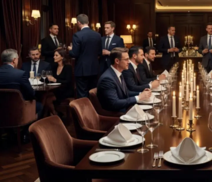 Elegancka sala przygotowana na kolację firmową z nakrytymi stołami i nastrojowym oświetleniem