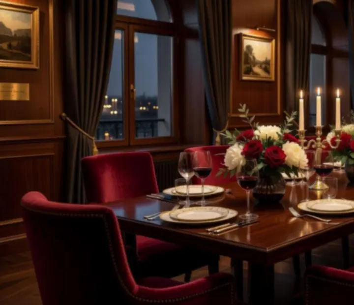 Luksusowa restauracja przygotowana na wieczorną uroczystość z elegancko nakrytymi stołami