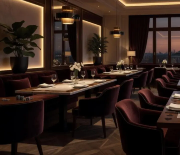 Luksusowe wnętrze restauracji wieczorem z nastrojowym oświetleniem