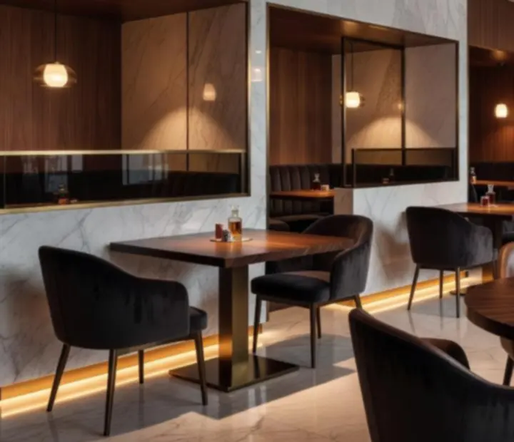 Luksusowe wnętrze restauracji z eleganckimi stołami i nastrojowym oświetleniem