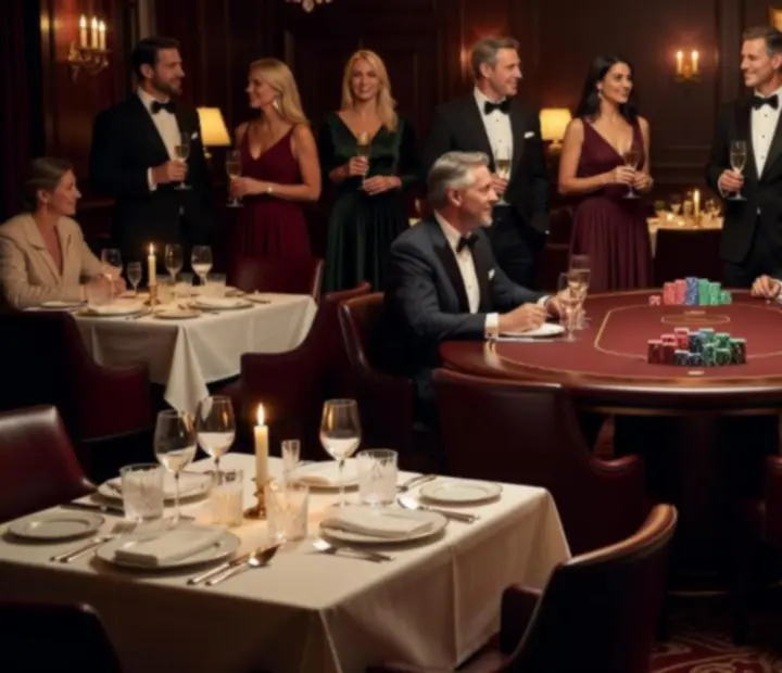 Elegancka kolacja w restauracji z pokerowym stołem w tle