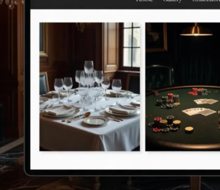 Kolaż zdjęć eleganckich restauracji, dań, koktajli i pokerowych stołów