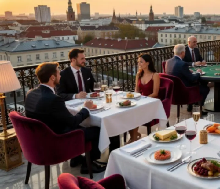 Rooftop restauracja z panoramicznym widokiem i pokerowym stołem
