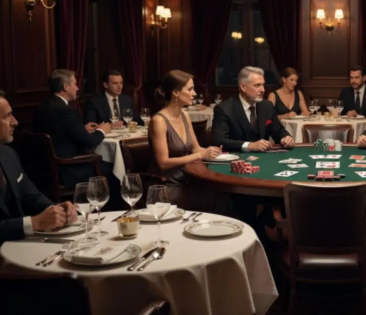 Elegancki wieczór w restauracji z wykwintnym menu i stołem pokerowym z symbolicznymi żetonami